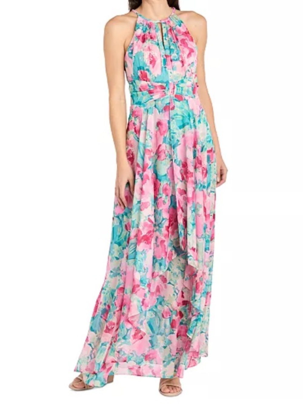 R & M Richard’s Floral Chiffon Halter Maxi Keyhole Dress in Pink & Jade